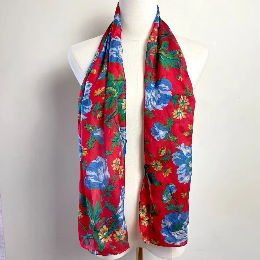 Long Silk Scarf Rectangle Floral Red Blue Cottagecore Romantic Parisian‎